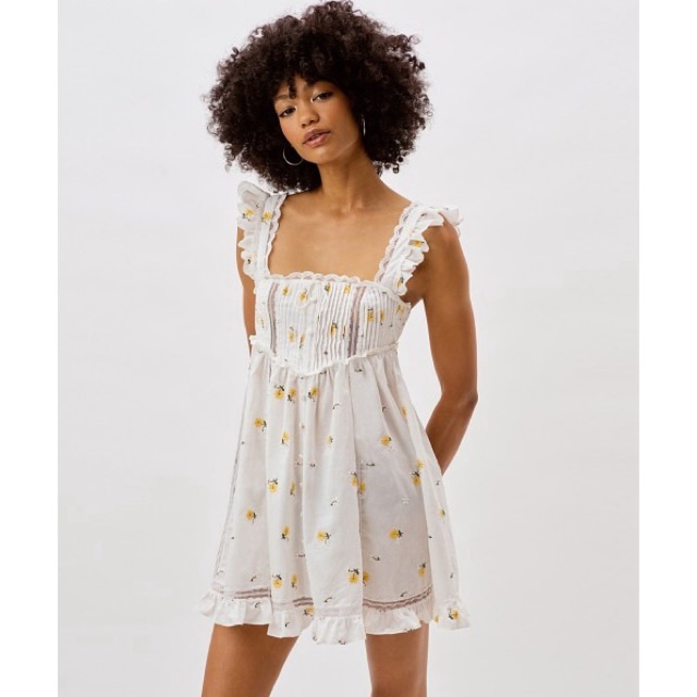 For Love & Lemons White Mini Dress with Yellow Floral Print